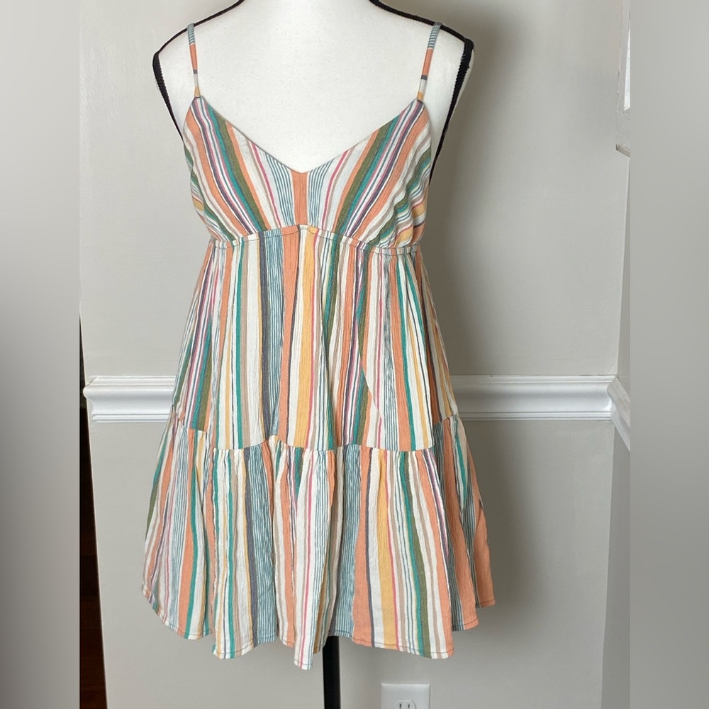 O'Neill Lottie XS Striped Sundress Beachy Boho Peach Sage Blue  Crinkle Swingy